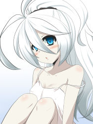 Rule 34 | 10s, 1girl, abyssal ship, blue eyes, blush, breasts, camisole, commentary request, goma (gomasamune), gradient background, grey background, hair between eyes, hair ornament, hair scrunchie, highres, kantai collection, knees up, long hair, looking at viewer, new submarine princess, open mouth, ponytail, scrunchie, sitting, small breasts, solo, strap slip, white background, white hair