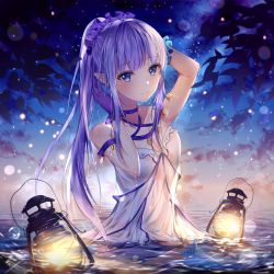 Rule 34 | 1girl, absurdres, arm behind head, blush, breasts, choker, cleavage, closed eyes, fate/grand order, fate (series), gloves, highres, junpaku karen, lamp, lantern, lantern on liquid, lens flare, light particles, long hair, looking at viewer, medea (lily) (fate), night, night sky, outdoors, paper lantern, pointy ears, ponytail, purple eyes, purple gloves, purple hair, scrunchie, sky, smile, solo, submerged, wrist scrunchie