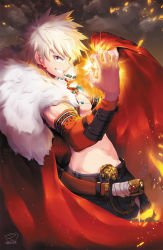 Rule 34 | 10s, 1boy, bakugou katsuki, boku no hero academia, cloak, crazy eyes, detached sleeves, earrings, explosion, fur collar, grin, highres, jewelry, looking at viewer, magatama, magister, male focus, midriff, necktie, red eyes, smile, solo, spiked hair, vambraces