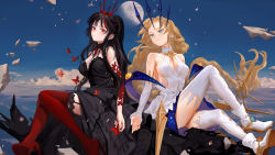 Rule 34 | 2girls, ankle boots, bare shoulders, black dress, black hair, blonde hair, blue eyes, boots, bug, butterfly, crown, detached sleeves, dress, fkey, forehead, garter straps, high heels, highres, insect, long hair, looking at viewer, moon, multicolored hair, multiple girls, original, ponytail, red eyes, red legwear, streaked hair, thighhighs, white dress, white legwear