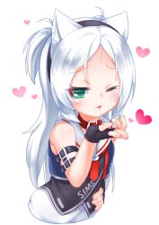 Rule 34 | 1girl, animal ear fluff, animal ears, azur lane, bare shoulders, black gloves, black hairband, black shirt, blowing kiss, blush, cat ears, character name, collar, commentary request, cropped torso, fingerless gloves, fingernails, gloves, green eyes, hairband, hand on own hip, hand up, heart, highres, kirisame mia, long hair, one eye closed, one side up, parted lips, red collar, sailor collar, school uniform, serafuku, shirt, silver hair, simple background, sims (azur lane), skirt, sleeveless, sleeveless shirt, solo, very long hair, white background, white sailor collar, white skirt