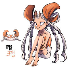 1girl arthropod_girl barefoot black_eyes collarbone commentary crab_girl creatures_(company) fangs full_body game_freak gen_1_pokemon hair_ribbon hair_rings horns krabby long_hair looking_at_viewer nintendo orange_ribbon orange_shorts personification pokemon reference_inset ribbon shorts simple_background sitting skin-covered_horns tamtamdi translated twintails white_background white_shorts