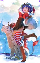 1girl 1other :d antlers bag black_skirt blue_eyes blue_hair blunt_bangs bob_cut boots bracelet breasts brown_boots brown_gloves chome_(dq10) christmas cloud cloudy_sky commentary_request cross_scar dragon_quest dragon_quest_x fake_antlers floating_clothes full_body fur_trim gloves goggles goggles_on_head great_sabercat hand_on_own_head hat highres holding holding_bag horizontal-striped_thighhighs horns jewelry leg_up looking_at_viewer medium_breasts numao_sub open_mouth red_fur red_shirt red_thighhighs reindeer_antlers santa_hat scar scar_across_eye seraphy_(dq10) sharp_teeth shirt short_hair short_sleeves skirt sky smile snowing spotted_fur striped_clothes striped_thighhighs suspender_skirt suspenders teeth thighhighs white_fur white_thighhighs zettai_ryouiki