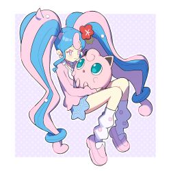 Rule 34 | 1girl, blue skirt, cardigan, creatures (company), earrings, fairy miku (project voltage), flower, game freak, gen 1 pokemon, hair flower, hair ornament, hatsune miku, highres, jewelry, jigglypuff, leg warmers, long hair, multicolored hair, nintendo, pink cardigan, pink footwear, pokemon, pokemon (creature), project voltage, skirt, smile, thhx4342, twintails, two-tone hair, very long hair, vocaloid