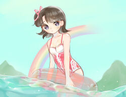 Rule 34 | 1girl, bare shoulders, blue sky, blunt ends, breasts, brown hair, cleavage, closed mouth, commentary, day, english commentary, hair ribbon, holding, holding swim ring, innertube, kikkidream, light frown, looking at viewer, mountain, one-piece swimsuit, one side up, original, outdoors, partially submerged, pink ribbon, purple eyes, rainbow, red one-piece swimsuit, ribbon, short hair, sky, small breasts, solo, swim ring, swimsuit, two-tone one-piece swimsuit, water, white one-piece swimsuit