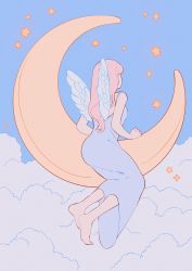 Rule 34 | 1girl, absurdres, barefoot, blue sky, circle skirt, cloud, dress, feathered wings, from behind, highres, long dress, long hair, meyoco, original, pencil dress, pink hair, purple dress, sky, solo, star (symbol), white wings, wings