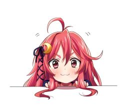 Rule 34 | 1girl, :3, antenna hair, asada hachi, blush, commentary request, crescent, crescent hair ornament, face, hair between eyes, hair ornament, hair ribbon, kantai collection, long hair, red eyes, red hair, ribbon, simple background, solo, uzuki (kancolle), v-shaped eyebrows, white background