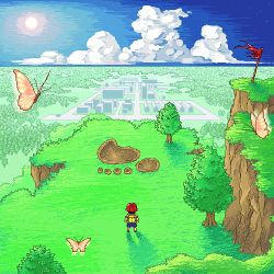 Rule 34 | 1boy, bug, butterfly, child, cliff, cloud, day, footprints, insect, landscape, lowres, male focus, mother (game), mother 2, nature, ness (mother 2), nintendo, pixel art, scenery, sky, solo, wide shot