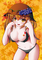 Rule 34 | 1girl, aki minoriko, arms up, bikini, blonde hair, blush, blush stickers, breasts, brown hat, cleavage, commentary request, food, fruit, grape vine, grapes, green bikini, hair between eyes, hat, kii (mahoraba), large breasts, leaf, long hair, looking at viewer, navel, open mouth, shadow, solo, standing, swimsuit, touhou, yellow eyes