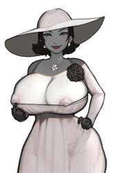 Rule 34 | 1girl, alcina dimitrescu, black flower, black gloves, black hair, black rose, blush, breasts, cleavage, closed mouth, clothes pull, dress, dress pull, earrings, flower, gloves, hand on own hip, hat, heart, heart-shaped pupils, highres, huge breasts, jewelry, lips, lipstick, long sleeves, looking at viewer, makeup, mariezone, necklace, nipples, pale skin, pulled by self, red lips, resident evil, resident evil village, rose, shade, short hair, simple background, smile, solo, sun hat, symbol-shaped pupils, white background, white dress, white hat