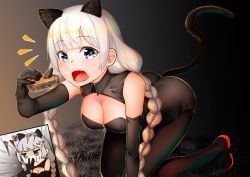 Rule 34 | 1girl, :t, absurdres, animal ears, arm support, black bodysuit, black footwear, black gloves, blue eyes, bodysuit, braid, breasts, cat ears, cat tail, cleavage, cleavage cutout, clothing cutout, commentary, eating, elbow gloves, emphasis lines, english commentary, fake animal ears, fake tail, food, gloves, halloween costume, happy halloween, highres, holding, holding food, kizuna akari, kneeling, leaning forward, long hair, looking at viewer, low twintails, medium breasts, nicchi, notice lines, open mouth, pie, shoes, silver hair, sleeveless, sleeveless bodysuit, stargazy pie, sweatdrop, tail, translated, twin braids, twintails, voiceroid