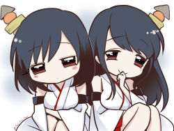 Rule 34 | 10s, 2girls, bare shoulders, black hair, chibi, deformed, detached sleeves, epaulettes, expressionless, food, fusou (kancolle), hair ornament, japanese clothes, jitome, kantai collection, long hair, miko, multiple girls, nontraditional miko, oden, primary stage, red eyes, short hair, siblings, sisters, smile, yamashiro (kancolle)