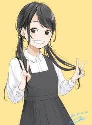 Rule 34 | 1girl, :d, absurdres, black dress, black eyes, black hair, commentary request, dated, double v, dress, grin, hands up, highres, long sleeves, looking at viewer, open mouth, original, pinafore dress, pleated dress, sako (35s 00), school uniform, signature, simple background, sleeveless dress, smile, solo, swept bangs, upper body, v, yellow background