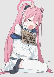 Rule 34 | 1girl, absurdres, black skirt, blue archive, closed eyes, cottone (highjethoo), crying, grey background, hair between eyes, halo, head bump, highres, jacket, koyuki (blue archive), long hair, off shoulder, open mouth, pink hair, seiza, shirt, sign, sign around neck, simple background, sitting, skirt, solo, streaming tears, tears, thighhighs, translation request, twintails, very long hair, white jacket, white shirt, white thighhighs