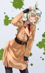 Rule 34 | belt, black gloves, black pantyhose, brown coat, coat, collared shirt, commentary request, cowboy shot, fingerless gloves, ghost in the shell, gloves, green hair, headgear, highres, kemono friends, kemono friends 3, long coat, long sleeves, necktie, official alternate costume, one eye closed, orange eyes, pantyhose, red necktie, salute, shirt, short hair, short ponytail, solo, tachikoma type-h (kemono friends), tanabe (fueisei), trench coat, white shirt