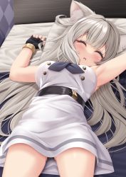 Rule 34 | 1girl, absurdres, animal ears, armpits, arms up, asymmetrical legwear, bed, black panties, blush, commentary request, fingerless gloves, gloves, highres, neo-porte, outstretched arms, panties, platinum blonde hair, sleeping, solo, spread arms, strelka belca, underwear, virtual youtuber, yozuna niu