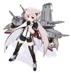 Rule 34 | 1girl, azur lane, black gloves, black thighhighs, cannon, capelet, commentary request, fingerless gloves, full body, gloves, highres, long hair, looking at viewer, machinery, montpelier (azur lane), pasukumeru, rigging, shorts, simple background, solo, standing, thighhighs, turret