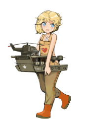 Rule 34 | 1girl, :d, aircraft, ankle boots, arrow (projectile), arrow through heart, bare shoulders, blonde hair, blue eyes, blush, boat, boots, dog tags, heart, helicopter, jewelry, kuuro kuro, leg up, looking away, looking to the side, necklace, open mouth, original, overalls, personification, short hair, simple background, smile, solo, star (symbol), walking, watercraft, white background