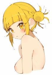 Rule 34 | 1girl, blonde hair, blunt bangs, blush, boku no hero academia, breasts, closed mouth, commentary request, completely nude, hair bun, highres, looking at viewer, medium breasts, nipples, nude, rasusurasu, short hair, simple background, solo, toga himiko, upper body, white background, yellow eyes