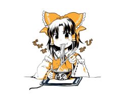 Rule 34 | 1girl, bow, chopsticks, comic, commentary request, cup ramen, detached sleeves, donbee (food), donbei kitsune udon, donburi, drawing tablet, eating, food, food in mouth, hair bow, hair tubes, hakurei reimu, holding, holding chopsticks, instant ramen, instant udon, japanese clothes, long sleeves, nissin donbei, nontraditional miko, noodles, solo, tako (plastic protein), touhou, translation request, udon, wacom, white background, wide sleeves