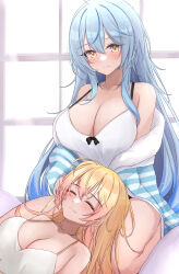 Rule 34 | 2girls, absurdres, bare shoulders, black bow, blonde hair, blue hair, blush, bow, breasts, camisole, cleavage, closed eyes, closed mouth, collarbone, colored tips, fur-trimmed jacket, fur trim, hand on another&#039;s face, highres, hololive, jacket, kneeling, lap pillow, large breasts, long hair, looking at viewer, lying, mofu07519, momosuzu nene, multicolored hair, multiple girls, off shoulder, on back, sidelocks, smile, spaghetti strap, virtual youtuber, white camisole, yellow eyes, yukihana lamy