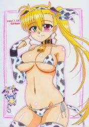 Rule 34 | 1girl, absurdres, animal ears, animal print, artist name, bikini, blonde hair, blush, breasts, chinese zodiac, closed mouth, cow ears, cow girl, cow horns, cow print, cow tail, dated, fake animal ears, fake horns, fake tail, gh9000, groin, heterochromia, highres, horns, large breasts, long hair, looking at viewer, lyrical nanoha, mahou shoujo lyrical nanoha vivid, navel, ponytail, sacred heart, side-tie bikini bottom, skindentation, smile, swimsuit, tail, thighhighs, vivio, year of the ox