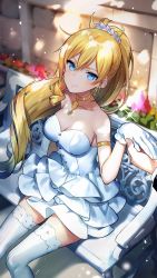 Rule 34 | 1girl, arm strap, artist request, bare shoulders, bench, blonde hair, blue eyes, breasts, choker, cleavage, collarbone, dress, earrings, girl cafe gun, glint, gloves, hair ornament, highres, holding hands, jewelry, juno emmons, large breasts, long hair, looking at viewer, official art, ponytail, short dress, sitting, sleeveless, sleeveless dress, solo, solo focus, strapless, strapless dress, sunlight, thighhighs, very long hair, white dress, white gloves, white thighhighs, zettai ryouiki