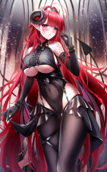 Rule 34 | 1girl, absurdres, ahoge, azur lane, bare shoulders, black gloves, black headband, black horns, breasts, center cross lace, center frills, clothing cutout, covered navel, cowboy shot, curled horns, demon girl, demon wings, elbow gloves, frilled bandeau, frilled gloves, frills, gloves, hair intakes, hand up, headband, highres, hindenburg (azur lane), horns, kirisamede gzr, large breasts, long hair, low wings, pantyhose, pink eyes, pointy ears, red hair, slit pupils, solo, thigh strap, underboob, underboob cutout, very long hair, wings