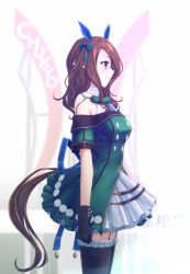 Rule 34 | 1girl, animal ears, aoki chibe, arms at sides, belt, black gloves, black thighhighs, blurry, blurry background, blush, bow, brown hair, clenched hand, ear covers, garter straps, gloves, green bow, hair between eyes, hair bow, highres, horse ears, horse girl, horse tail, king halo (umamusume), long hair, profile, red eyes, short sleeves, skirt, solo, standing, tail, thighhighs, umamusume, white background, white skirt