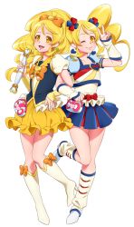 Rule 34 | 0417nao, 10s, 2girls, alternate form, blonde hair, blue skirt, boots, bow, bowtie, brooch, cure honey, cure honey (popcorn cheer), dual persona, earrings, frills, full body, hair bow, happinesscharge precure!, heart, heart brooch, highres, jewelry, knee boots, locked arms, long hair, magical girl, multicolored clothes, multicolored skirt, multiple girls, one eye closed, oomori yuuko, precure, skirt, smile, twintails, v, waist bow, wand, white background, wide ponytail, wink, wrist cuffs, yellow eyes, yellow skirt