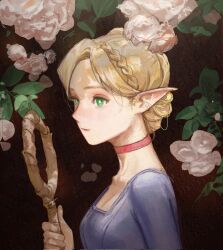 Rule 34 | 1girl, and dumb516, blonde hair, braid, breasts, brown background, choker, corrupted twitter file, dappled sunlight, dungeon meshi, elf, flower, green eyes, highres, holding, holding staff, korean commentary, long hair, looking ahead, marcille donato, parted bangs, pointy ears, solo, sprout, staff, sunlight, updo, upper body