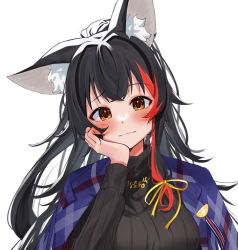 Rule 34 | 1girl, animal ear fluff, animal ears, black hair, black sweater, blush, brown eyes, closed mouth, daichi (daichi catcat), hair ribbon, hand on own cheek, hand on own face, highres, hololive, long hair, long sleeves, multicolored hair, ookami mio, red hair, ribbon, simple background, solo, streaked hair, sweater, turtleneck, turtleneck sweater, upper body, virtual youtuber, white background, wolf ears