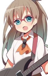 Rule 34 | 10s, 1girl, 9law, :d, aqua eyes, bad id, bad pixiv id, bespectacled, brown hair, electric guitar, glasses, guitar, instrument, kantai collection, kumano (kancolle), long hair, looking at viewer, open mouth, simple background, smile, solo, white background