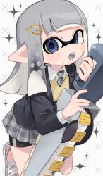 Rule 34 | blue eyes, blue jacket, grey hair, grey skirt, hair ornament, hairclip, highres, holding, holding weapon, inkling, inkling girl, inkling player character, jacket, looking at viewer, nintendo, open mouth, pointy ears, sahata saba, school uniform, simple background, single vertical stripe, skirt, splatana stamper (splatoon), splatoon (series), splatoon 3, suction cups, tentacle hair, weapon, white background, white footwear