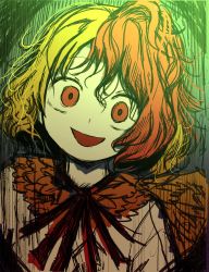 Rule 34 | 1girl, absurdres, bird, blonde hair, chick, chicken, crazy eyes, crazy smile, highres, jewelry, looking at viewer, messy hair, multicolored hair, necklace, niwatari kutaka, piaki, red hair, rooster, shirt, single wing, smile, solo, torso only, touhou, two-tone hair, white shirt, wings