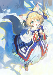 Rule 34 | 1girl, ainu clothes, animal ear fluff, animal ears, blonde hair, blue hairband, capelet, commentary request, dress, fox ears, fox girl, fox tail, full body, fur-trimmed capelet, fur trim, green eyes, hairband, highres, jewelry, jill 07km, long sleeves, original, ring, short hair, snow, tail, white capelet, white dress