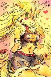 Rule 34 | 1girl, :&lt;, animal ears, artist request, blonde hair, blush, bracer, breasts, bright pupils, cat ears, collar, furry, furry female, green eyes, long hair, puffy pants, solo, yellow theme