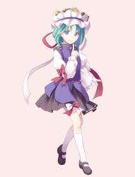 Rule 34 | 1girl, arm ribbon, bad id, bad pixiv id, black skirt, bow, full body, green hair, hat, hat ribbon, index finger raised, long sleeves, looking at viewer, mary janes, midorino eni, purple eyes, red bow, red ribbon, ribbon, shiki eiki, shoes, short hair, skirt, smile, socks, solo, touhou, vest, white ribbon, white socks, wide sleeves