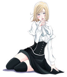 Rule 34 | 1girl, aiso kai, black thighhighs, blonde hair, blue eyes, blush, colored eyelashes, dress, full body, hair between eyes, hand up, highres, kate ashley, long sleeves, looking at viewer, medium hair, parted lips, red garden, simple background, sitting, thighhighs, uniform, white background