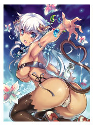 Rule 34 | 1girl, armpits, ass, belt, belt bra, black thighhighs, blue eyes, breasts, cameltoe, cat tail, condom, cover image, cum, flower, hair flower, hair ornament, heart, heart tail, large breasts, looking back, magatama, nymph, original, panties, solo, tail, thighhighs, thong, underboob, underwear, used condom, wazakita, white hair