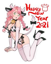 Rule 34 | 1girl, 2021, animal ears, animal print, bell, bikini, black bow, bow, braid, breasts, bridal gauntlets, cleavage, cow ears, cow horns, cow print, cow print bikini, cow tail, cowbell, elbow gloves, gloves, green eyes, hair bow, happy new year, horns, long hair, medium breasts, navel, neck bell, new year, original, pink hair, print bikini, purin (iddunpg), simple background, solo, swimsuit, tail, thighhighs, twin braids, white background, white thighhighs