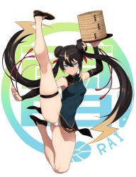 1girl, accio, background text, bamboo steamer, black dress, black footwear, black hair, black sleeves, china dress, chinese clothes, closed mouth, commentary, detached sleeves, double bun, dress, flats, frown, full body, glaring, hair ribbon, half-closed eyes, high collar, holding, holding tray, jump kick, kanji, lightning bolt, long hair, looking at another, original, panties, pantyshot, red ribbon, ribbon, short dress, simple background, skindentation, solo, split, tassel, thick thighs, thigh strap, thighs, translated, tray, twintails, underwear, very long hair, white background, white panties