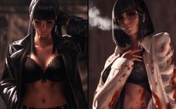 Rule 34 | 2girls, absurdres, blood, blood on clothes, blood on face, blouse, blunt bangs, bra, cigarette, glasses, guweiz, highres, holding, holding cigarette, multiple girls, navel, open clothes, open shirt, shirt, smoking, underwear, white shirt