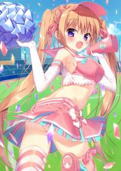 Rule 34 | 1girl, ass, bleachers, blouse, blue eyes, blush, bow, breasts, check commentary, check translation, cheerleader, clothes lift, commentary request, confetti, elbow gloves, fang, field, gloves, gradient eyes, hair ribbon, highres, layered skirt, leg ribbon, long hair, looking back, medium breasts, midriff, miniskirt, moe2017, mofukoke, multicolored eyes, open mouth, orange hair, original, pink ribbon, pink skirt, pom pom (cheerleading), purple eyes, ribbon, sailor collar, shirt, single thighhigh, skirt, skirt lift, sleeveless, sleeveless shirt, solo, striped clothes, striped skirt, thigh ribbon, thighhighs, translation request, twintails, very long hair, visor, white gloves, wind, wind lift