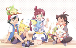 Rule 34 | 1girl, 2boys, :d, ash ketchum, bad id, bad pixiv id, baseball cap, black hair, black pants, black socks, blue jacket, blue shorts, blush, braid, braided ponytail, brown eyes, chloe (pokemon), closed eyes, commentary request, creature, creatures (company), crying, dog, dress, episode number, fangs, flower, game freak, gen 1 pokemon, gen 8 pokemon, goh (pokemon), green eyes, grey shirt, grin, grookey, hair flower, hair ornament, hand on floor, hat, highres, holding, holding pokemon, holding stick, indian style, jacket, kneeling, long hair, looking at another, mei (maysroom), monkey, multiple boys, nintendo, on floor, on head, on lap, one eye closed, open mouth, pants, pikachu, pokemon, pokemon (anime), pokemon (creature), pokemon journeys, pokemon on arm, pokemon on head, pokemon on lap, polka dot, polka dot background, rabbit, school uniform, scorbunny, shirt, shorts, single braid, sitting, sitting on lap, sitting on person, smile, sobble, socks, starter pokemon trio, stick, sweatdrop, tears, tongue, tongue out, vermilion city school uniform, wavy mouth, white background, white dress, white shirt, yamper