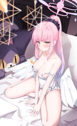 Rule 34 | 1girl, blue archive, blush, breasts, cat, daran9, halo, highres, large breasts, looking at viewer, low wings, mika (blue archive), on bed, pink hair, pink halo, sleepwear, solo, strap slip, white wings, wings, yellow eyes