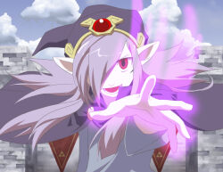 1boy bad_source banner castle cloak facial_mark floating_cape floating_hair gem hair_over_one_eye hat hat_ornament long_hair long_sleeves magic male_focus nekoma_tagi nintendo open_mouth pale_skin pointy_ears purple_cloak purple_hair purple_hat purple_tunic reaching reaching_towards_viewer red_eyes red_gemstone sidelocks solo stone_wall teeth the_legend_of_zelda the_legend_of_zelda:_the_minish_cap triforce tunic vaati