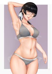 Rule 34 | 1girl, absurdres, arm up, armpits, bikini, black hair, breasts, cleavage, collarbone, cut bangs, dawid33, glasses, grey eyes, hair ribbon, highres, looking at viewer, medium breasts, mole, mole on breast, mole on stomach, mole under eye, mole under mouth, open mouth, original, ponytail, presenting armpit, ribbon, sidelocks, simple background, smelling, smile, steam, steaming body, stomach, sweat, swimsuit, underwear, white ribbon