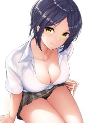 Rule 34 | 10s, 1girl, arm at side, arm support, bad id, bad twitter id, black panties, black skirt, blouse, blue hair, bokokichi (you), breasts, brown skirt, buttons, cleavage, clothes lift, collarbone, collared shirt, dress shirt, groin, hayami kanade, head tilt, idolmaster, idolmaster cinderella girls, invisible chair, large breasts, leaning forward, lifted by self, looking at viewer, miniskirt, no bra, panties, pantyshot, parted bangs, partially unbuttoned, plaid, plaid skirt, pleated skirt, shirt, short hair, short sleeves, simple background, sitting, skirt, skirt lift, solo, tareme, thighs, underwear, white background, white shirt, wing collar, yellow eyes
