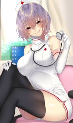 Rule 34 | 1girl, :q, bare shoulders, black thighhighs, blush, breasts, brown eyes, elbow gloves, gloves, hair between eyes, hat, highres, large breasts, looking at viewer, monitor, nurse, nurse cap, onineko-chan, original, purple hair, short hair, sitting, smile, solo, stethoscope, thighhighs, tongue, tongue out, white background